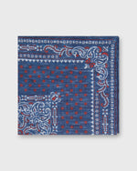 Load image into Gallery viewer, Hand-Rolled Linen/Cotton Print Pocket Square in Navy/Red Paisley