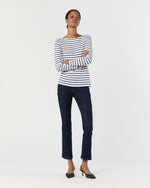 Load image into Gallery viewer, Long-Sleeved Boatneck Tee in White/Navy Stripe Pima Cotton