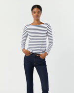 Load image into Gallery viewer, Long-Sleeved Boatneck Tee in White/Navy Stripe Pima Cotton