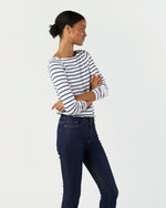 Load image into Gallery viewer, Long-Sleeved Boatneck Tee in White/Navy Stripe Pima Cotton