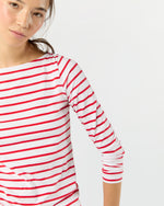 Load image into Gallery viewer, Long-Sleeved Boatneck Tee in White/Red Stripe Pima Cotton
