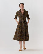 Load image into Gallery viewer, Avery Midi Shirtwaist Dress in Brown/Multi Woodland Print Lightweight Corduroy