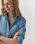 Load image into Gallery viewer, Sidney Shirt in Green/Sky Banker Stripe Poplin