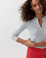 Load image into Gallery viewer, Long-Sleeved Nia Ribbed Henley in Pale Heather Grey Cotton/Silk