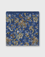 Load image into Gallery viewer, Hand-Rolled Linen/Cotton Print Pocket Square in Blue/Umber Jacobean Floral