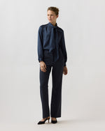 Load image into Gallery viewer, Tie-Neck Blouse in Blue Leopard Crinkle Satin