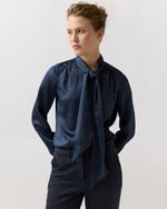 Load image into Gallery viewer, Tie-Neck Blouse in Blue Leopard Crinkle Satin