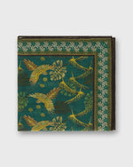 Load image into Gallery viewer, Hand-Rolled Cotton Print Pocket Square in Green/Brown Tropical Bird Scene