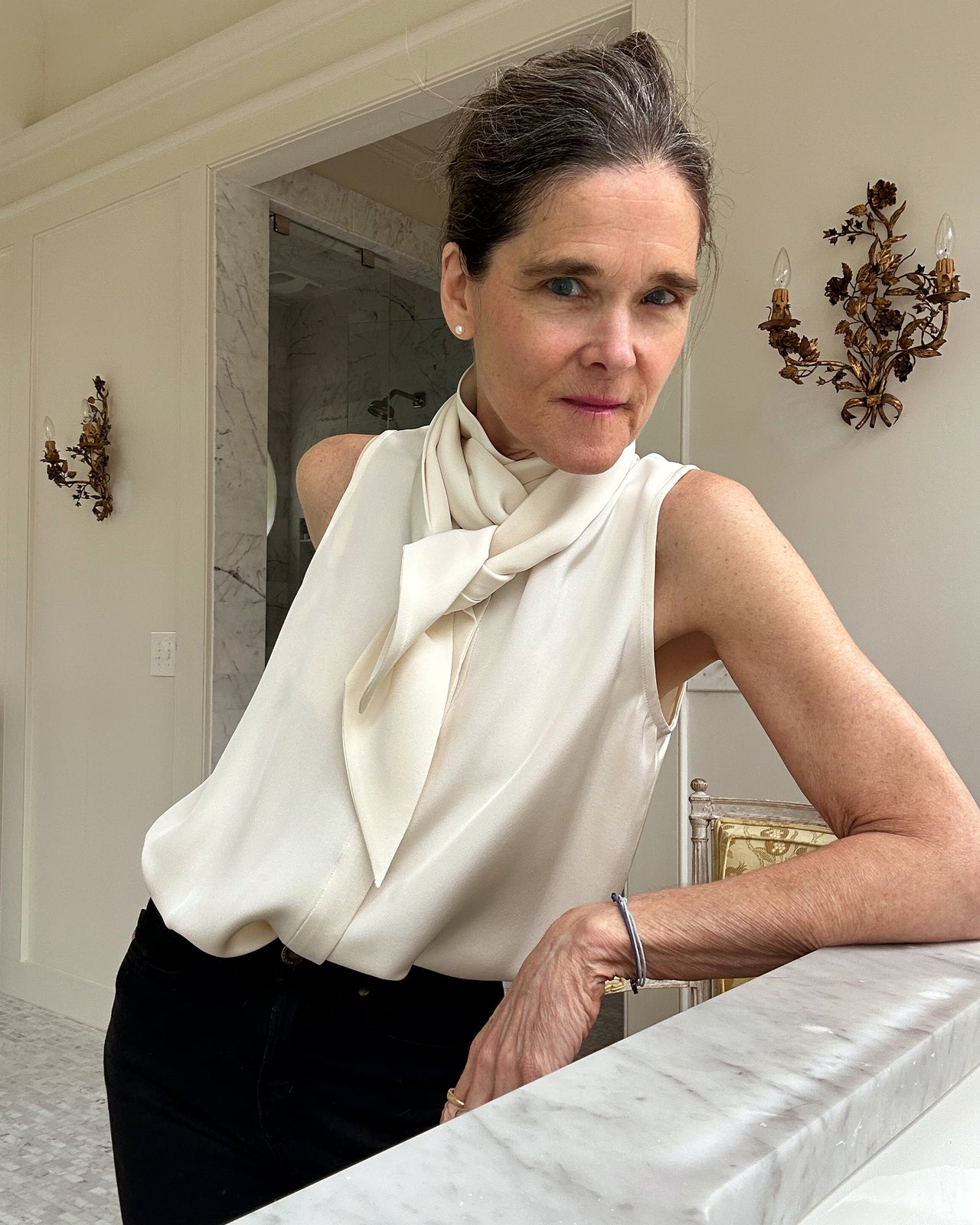 Sleeveless Tie-Neck Blouse in Ivory Silk Crepe de Chine