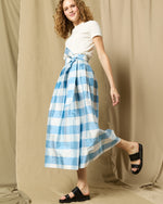 Load image into Gallery viewer, Pleated Wrap Midi Skirt in Periwinkle Large Gingham Silk Shantung
