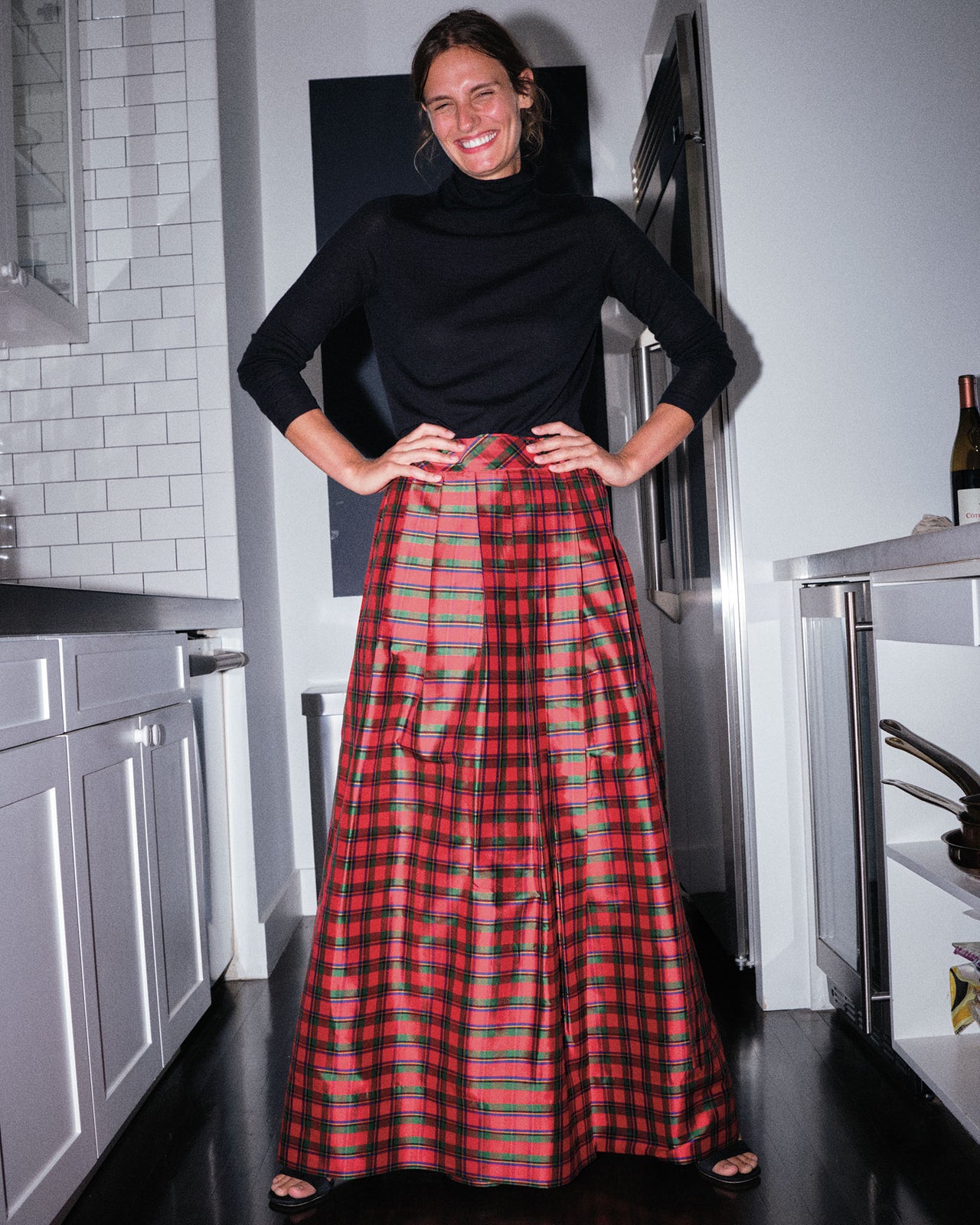 Pleated Wrap Skirt in Red Holiday Tartan Silk Shantung