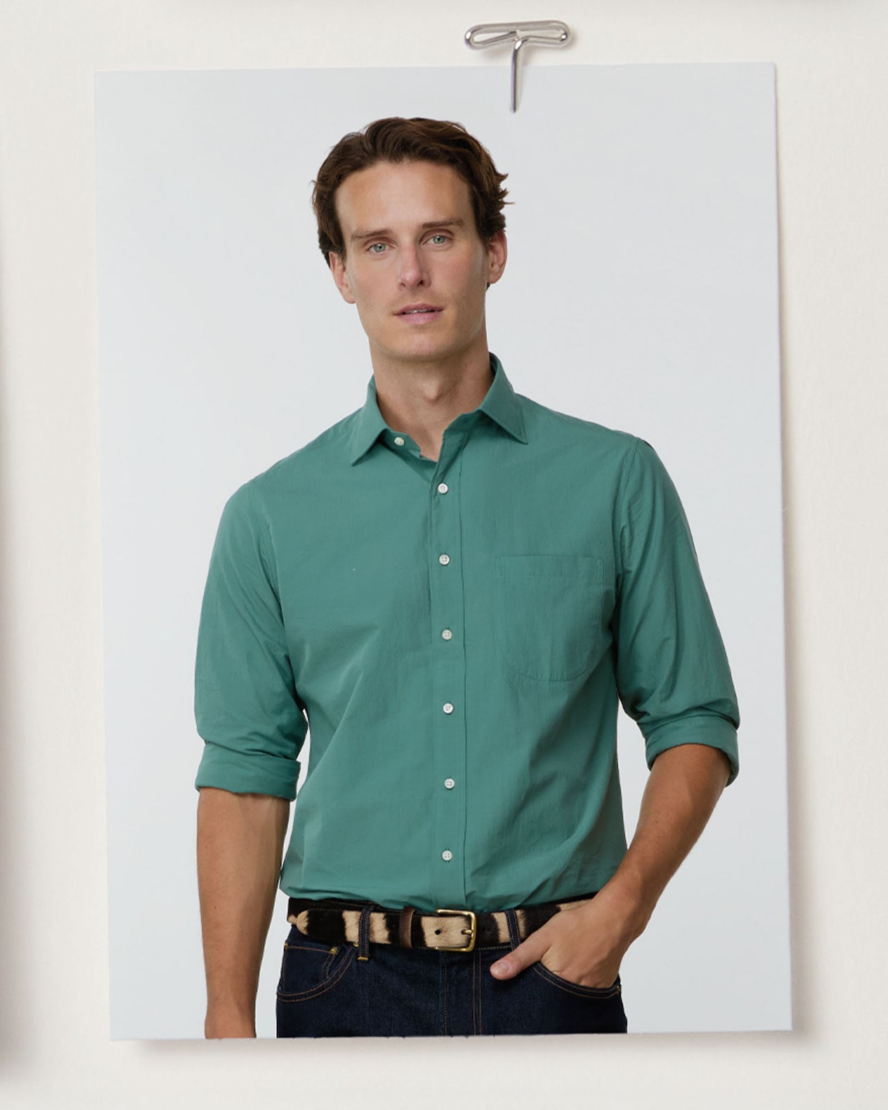 Spread Collar Sport Shirt in Green Shadow Stripe Poplin