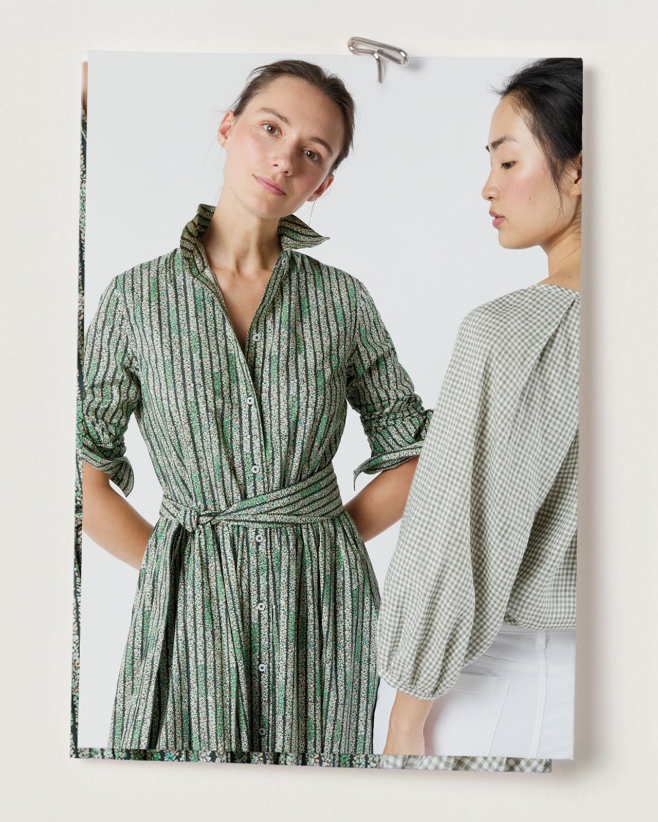 Classic Shirtwaist Dress in Green Floral Stripe Printed Poplin
