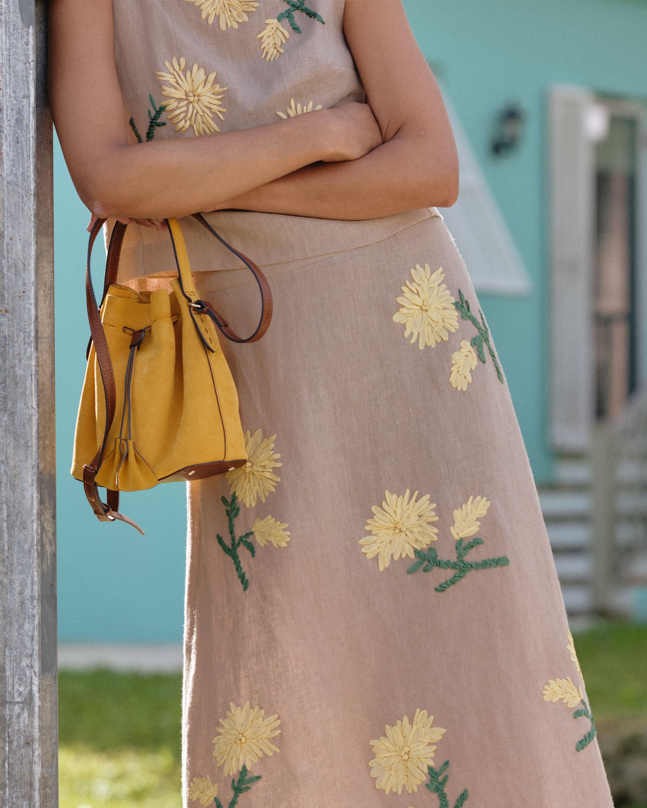 Renee Skirt in Yellow/Flax Ribbon Embroidered Linen
