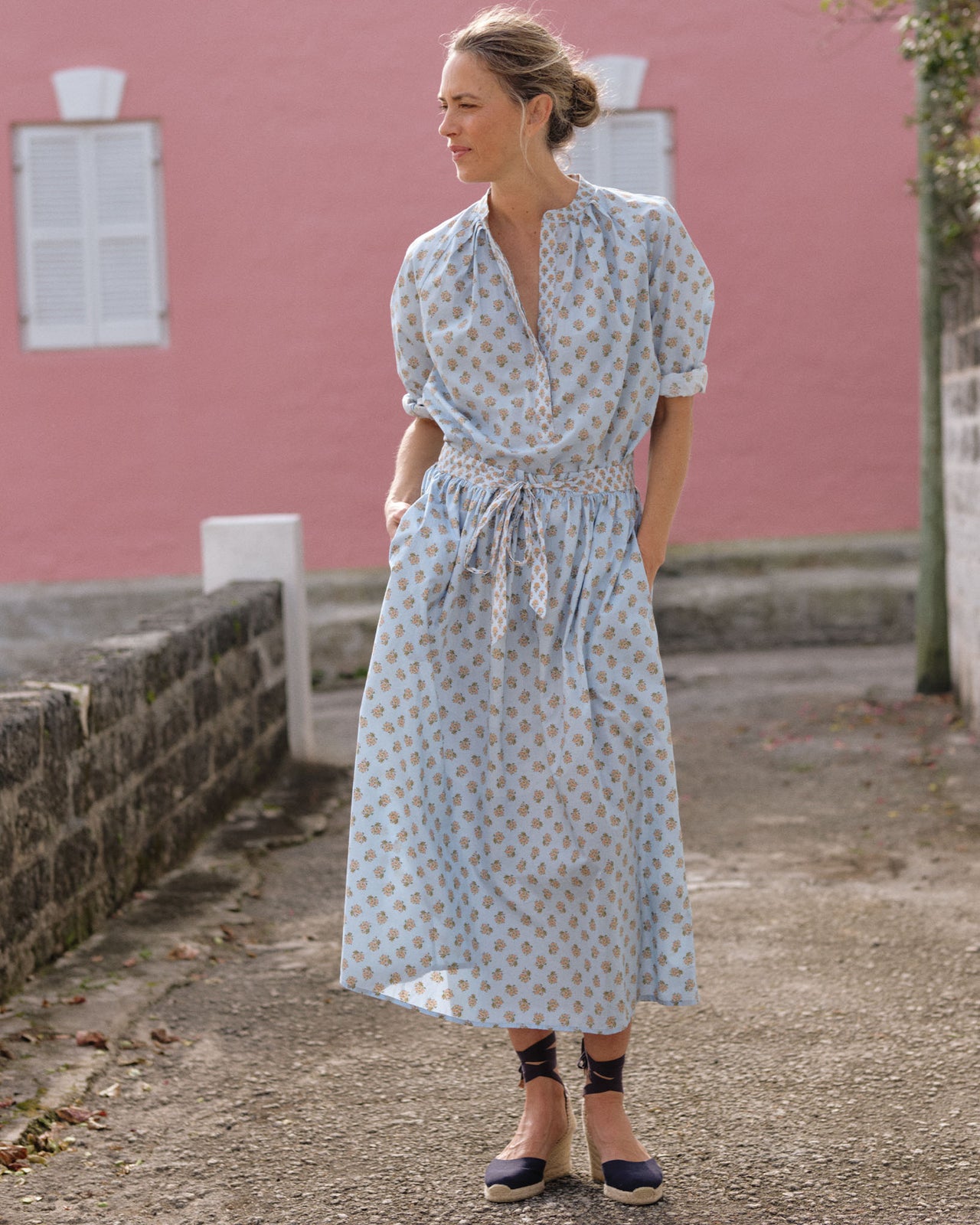 Mathilde Skirt in French Blue/Tangerine Mixed Floral Printed Poplin