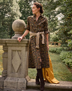 Load image into Gallery viewer, Avery Midi Shirtwaist Dress in Brown/Multi Woodland Print Lightweight Corduroy
