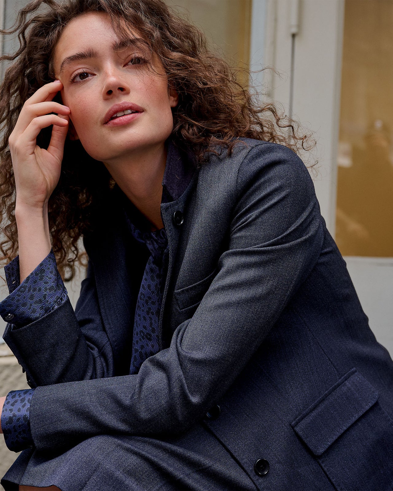 Tie-Neck Blouse in Blue Leopard Crinkle Satin
