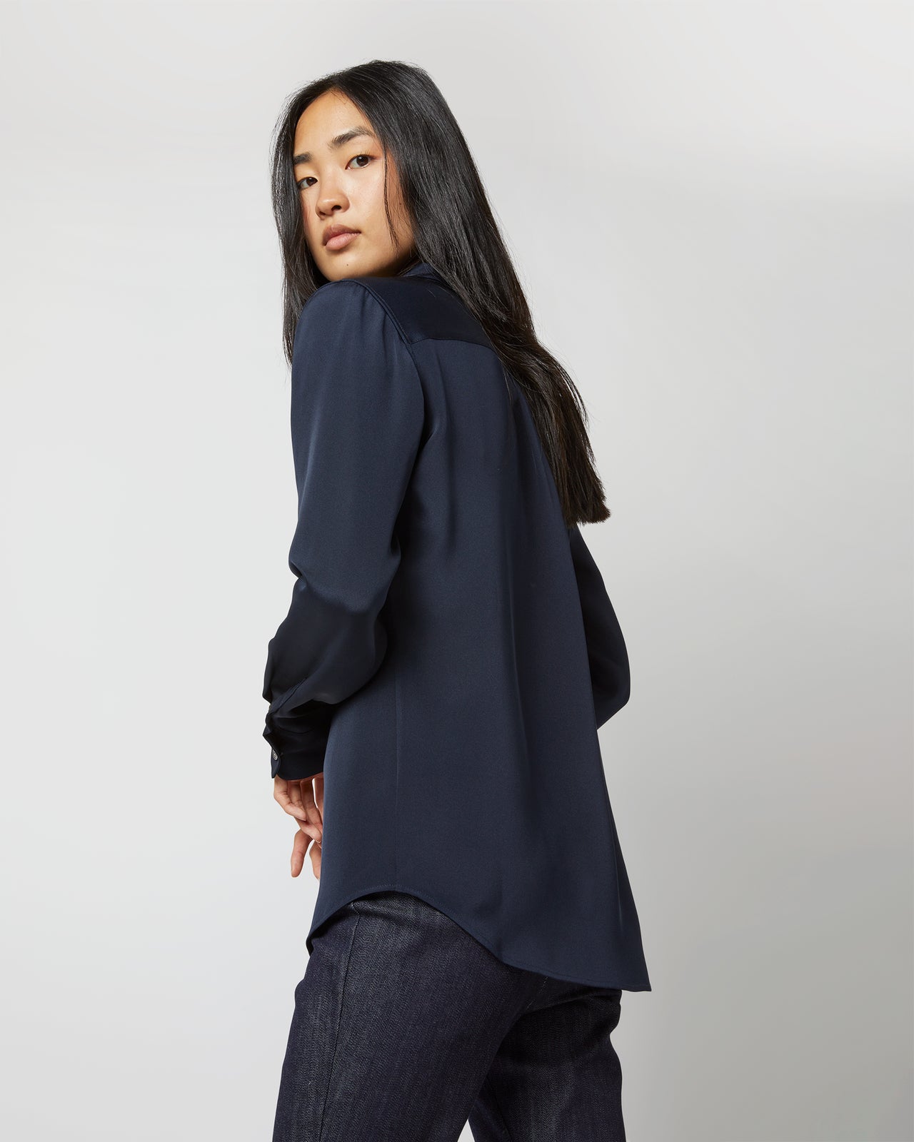 Classic Blouse in Navy Silk Crepe de Chine