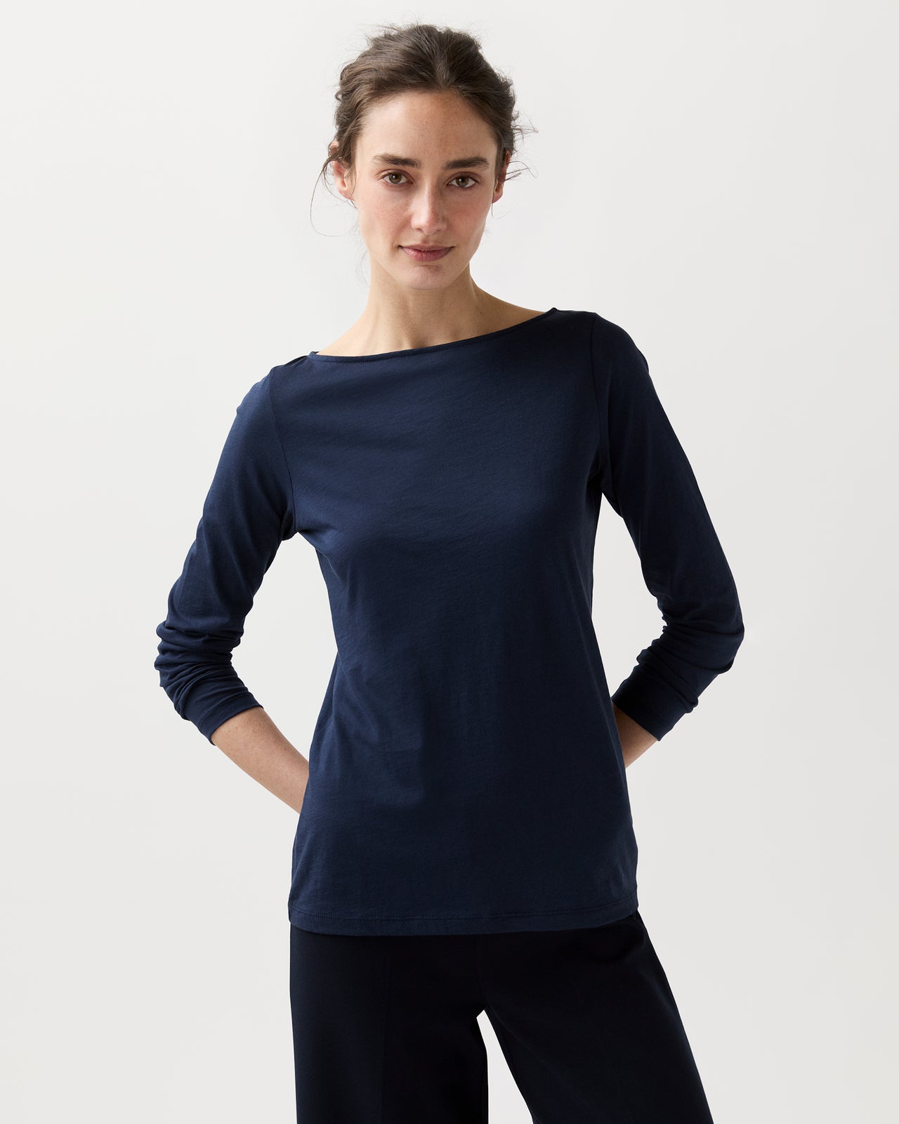 Long-Sleeved Boatneck Tee in Navy Pima Cotton