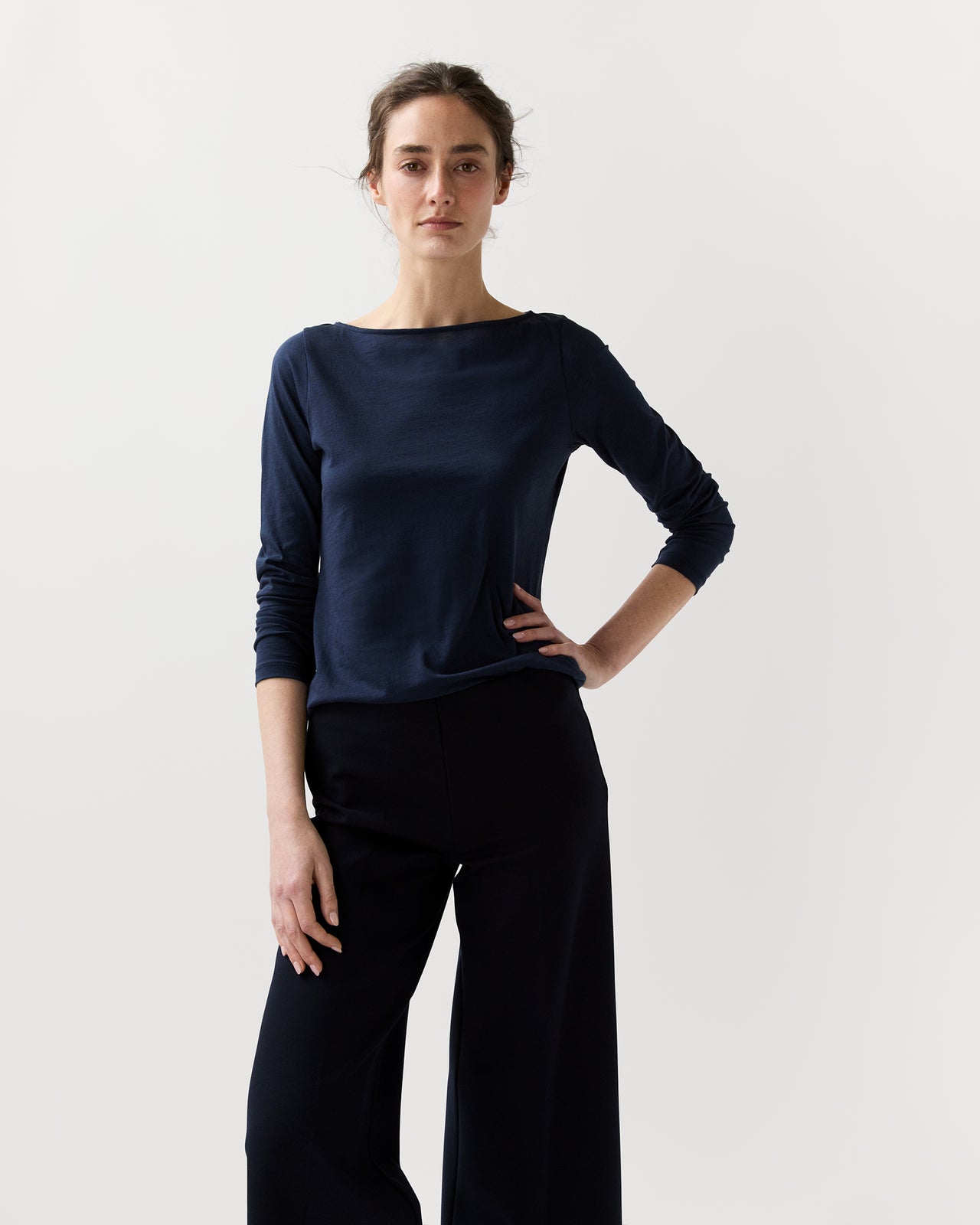Long-Sleeved Boatneck Tee in Navy Pima Cotton