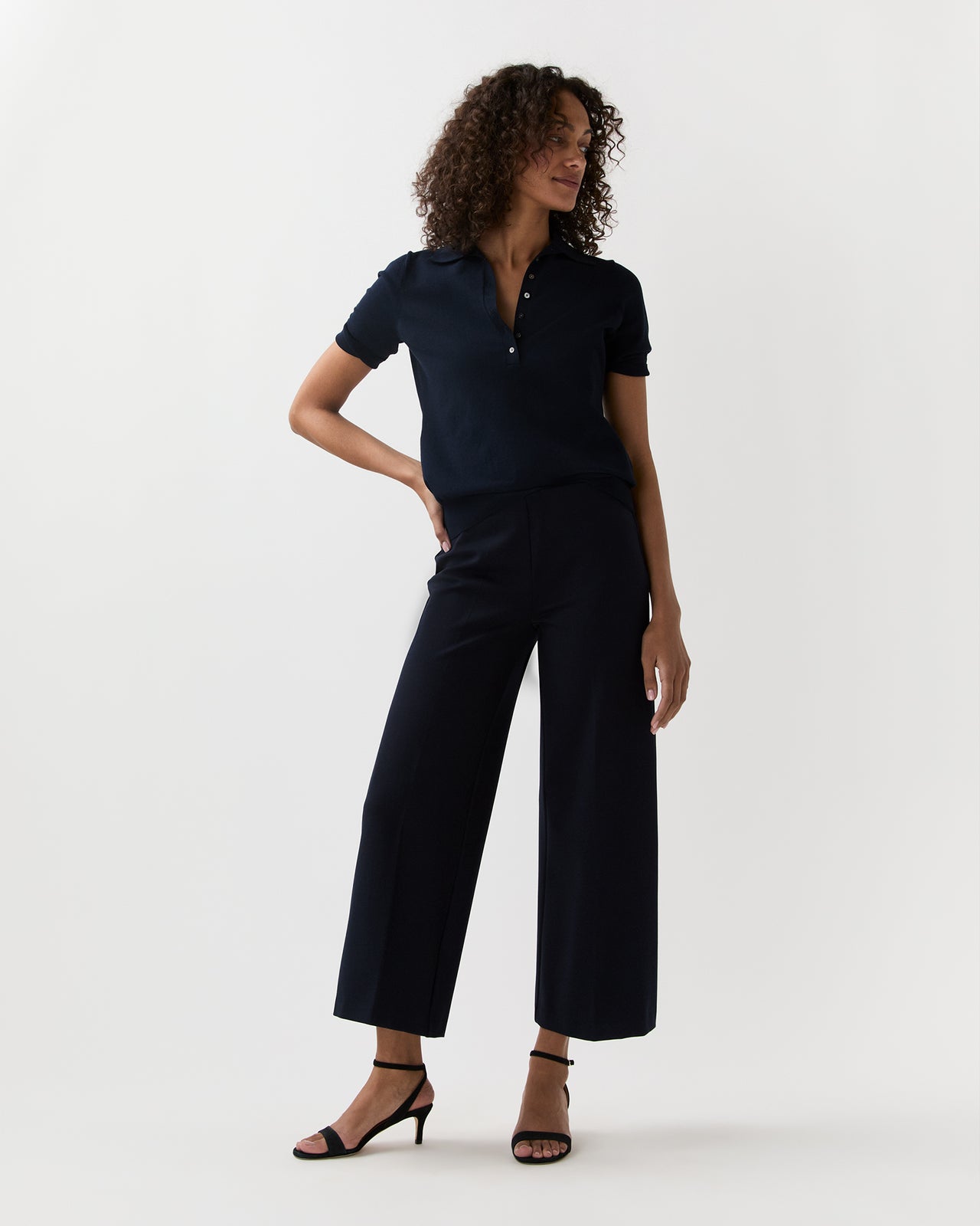 Faye Wide-Leg Cropped Pant in Navy Ponte Knit