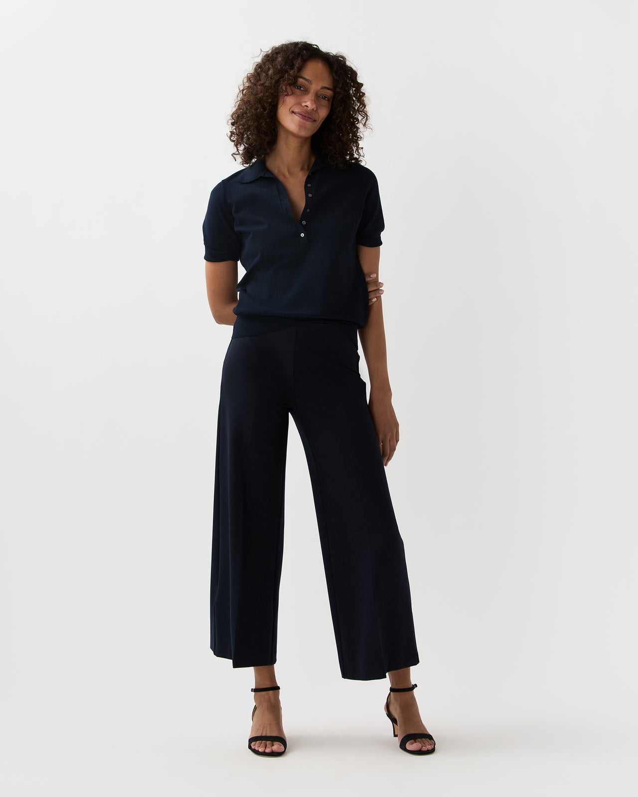Faye Wide-Leg Cropped Pant in Navy Ponte Knit
