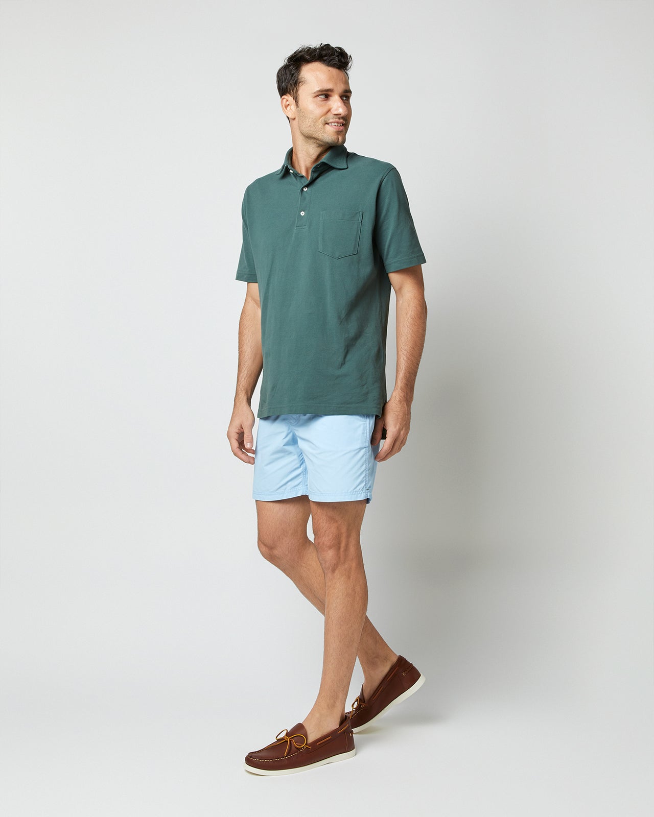 Zip-Front Mid-Length Swim Short in Sky Nylon