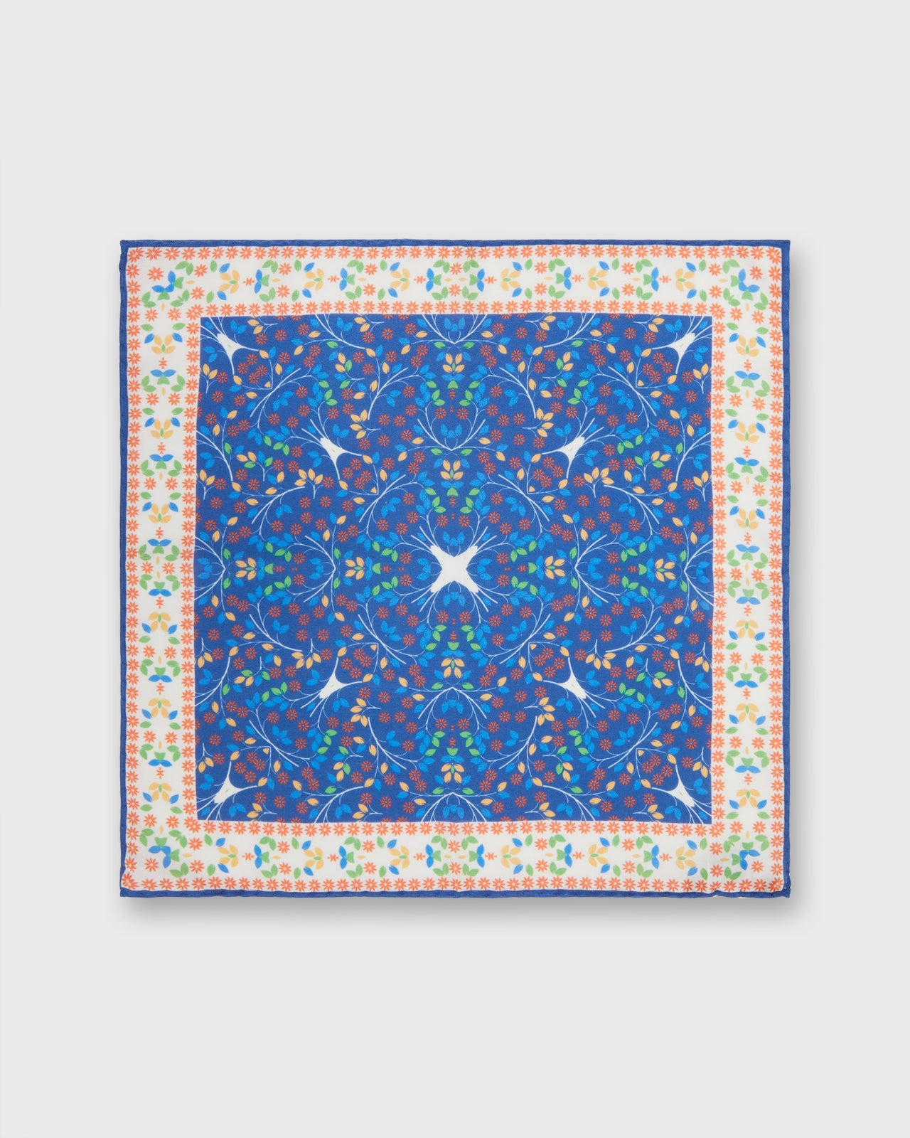 Hand-Rolled Cotton/Linen Print Pocket Square in Blue/Orange Multi Florals
