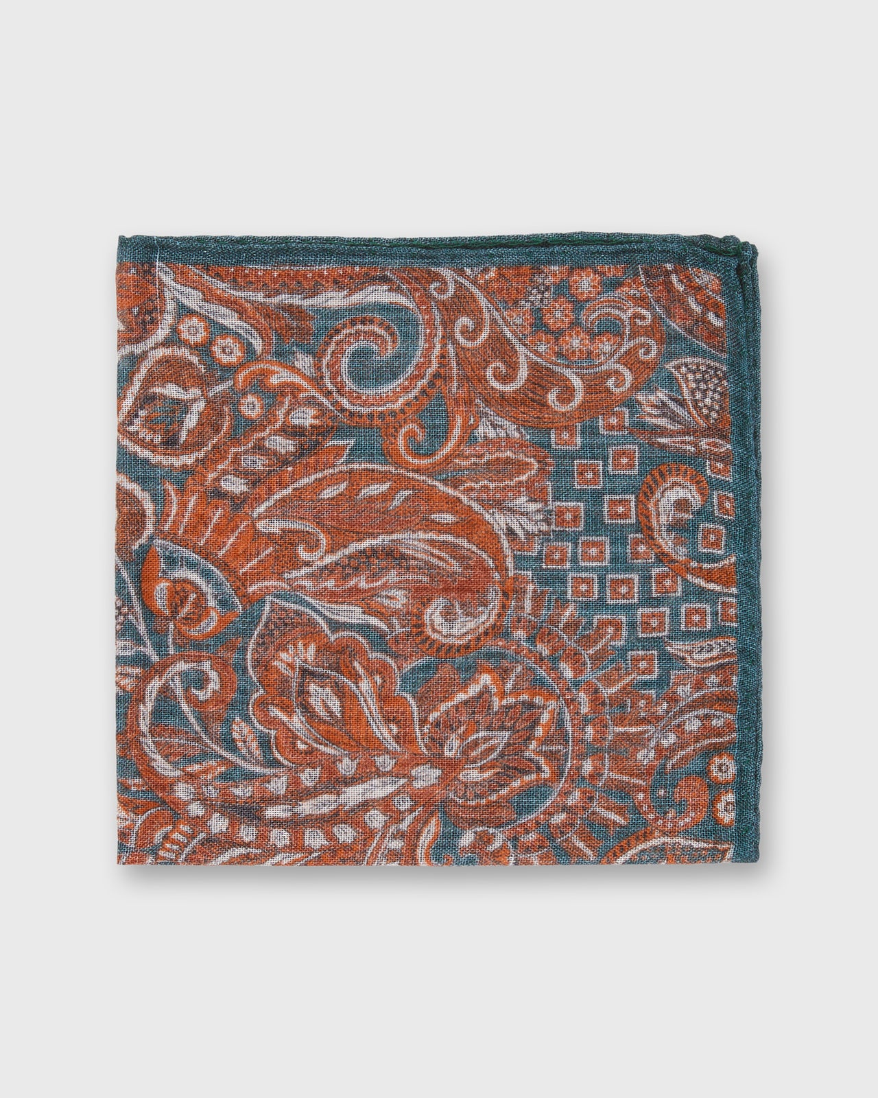 Hand-Rolled Wool/Silk Pocket Square in Lovat/Orange Floral