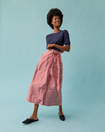 Load image into Gallery viewer, Pleated Wrap Midi Skirt in Red Gingham Silk Shantung
