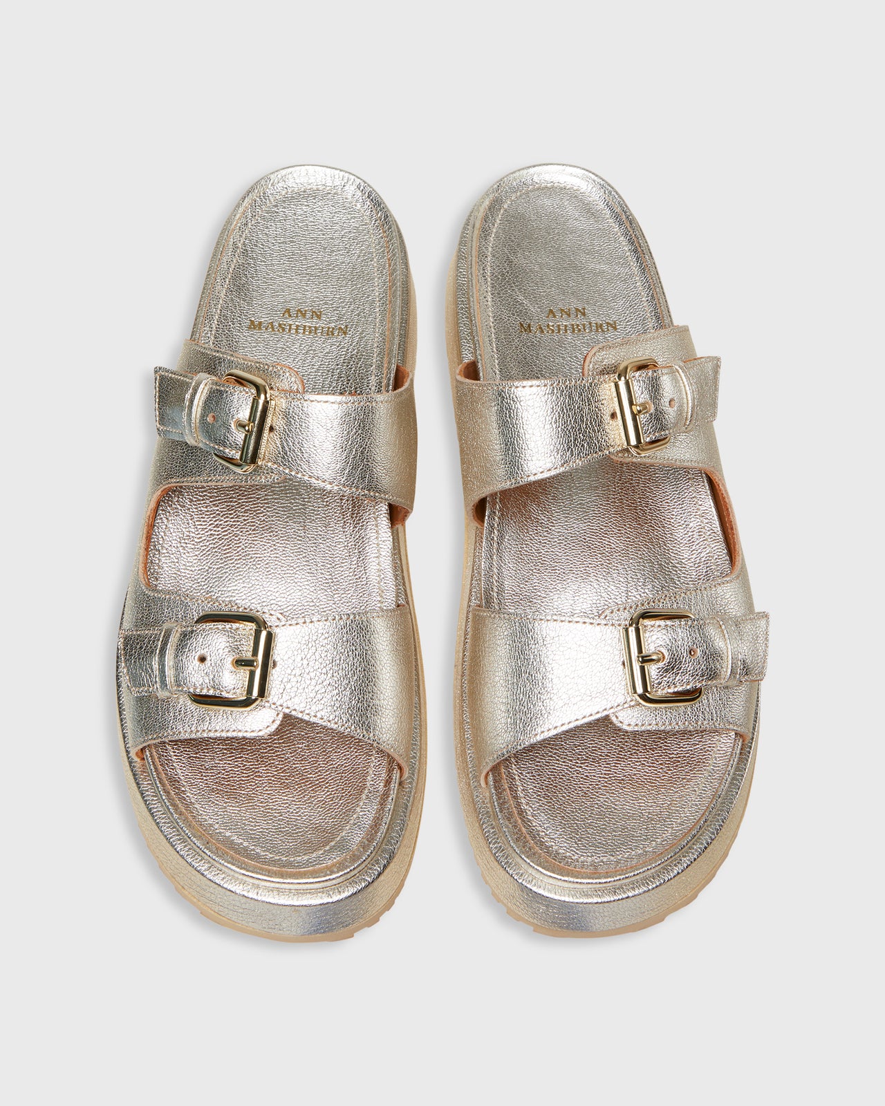 Double-Buckle Platform Slide in Light Platino Leather