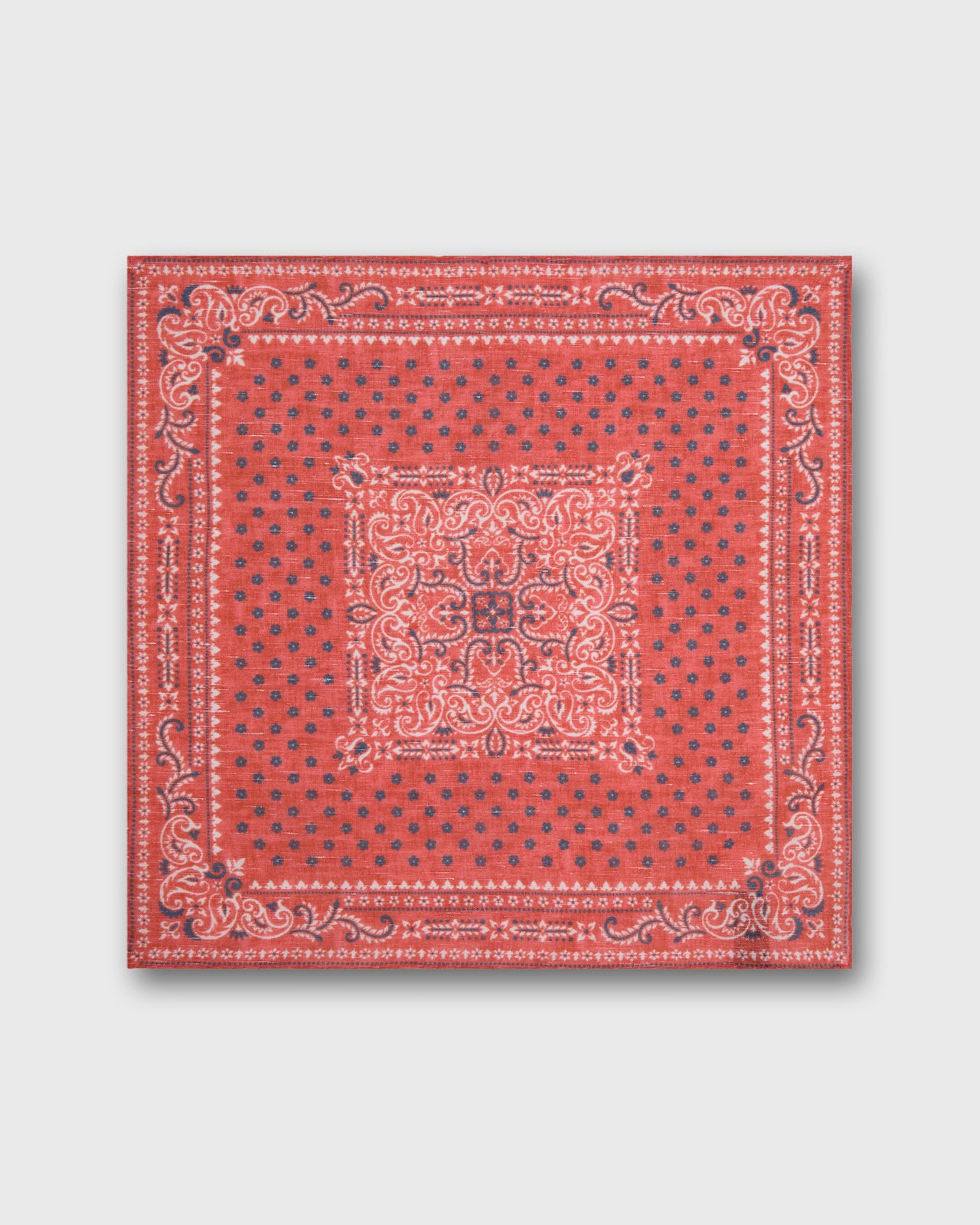 Hand-Rolled Linen/Cotton Print Pocket Square in Salmon/Navy Flower Paisley