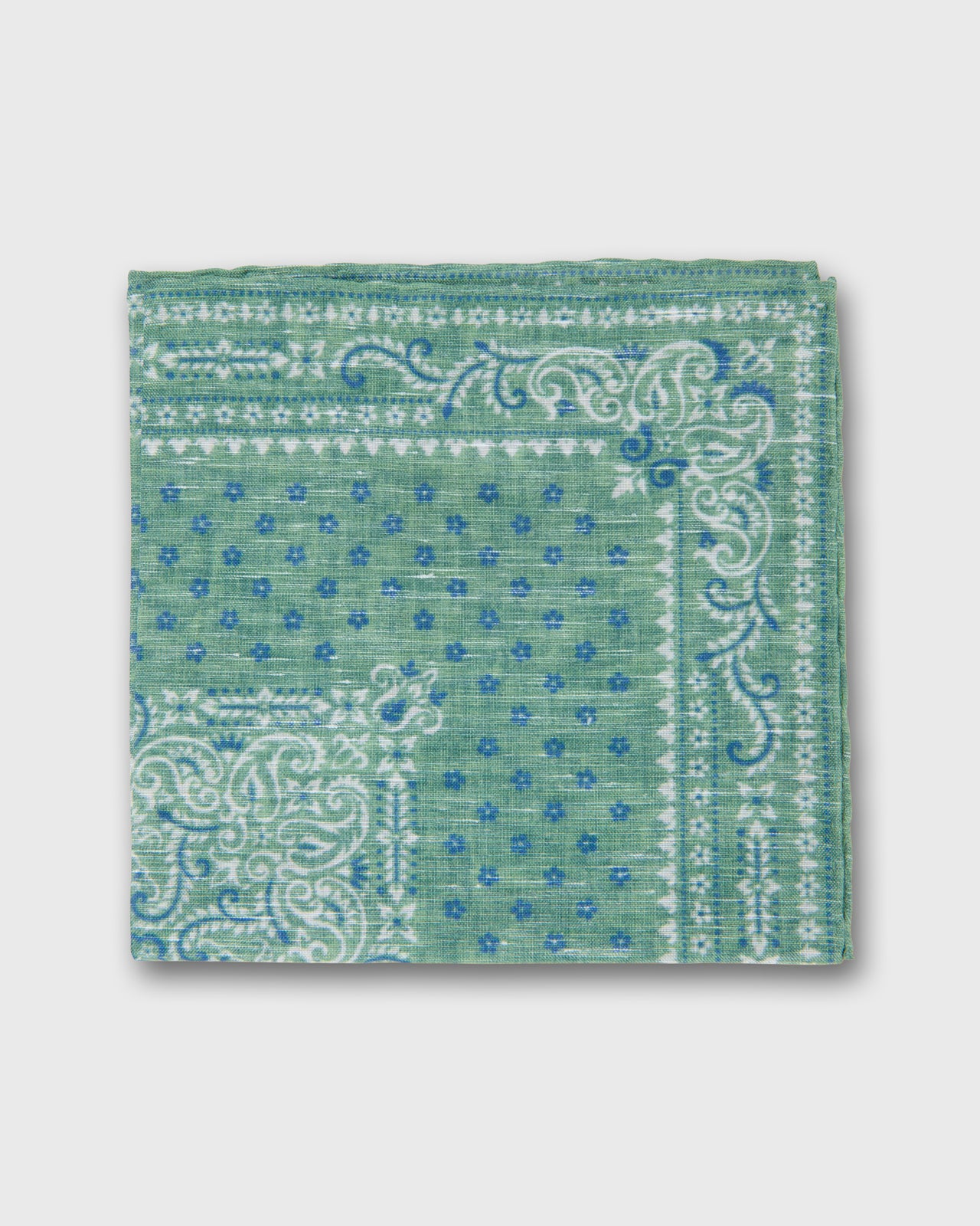Hand-Rolled Linen/Cotton Print Pocket Square in Mint/Navy Flower Paisley