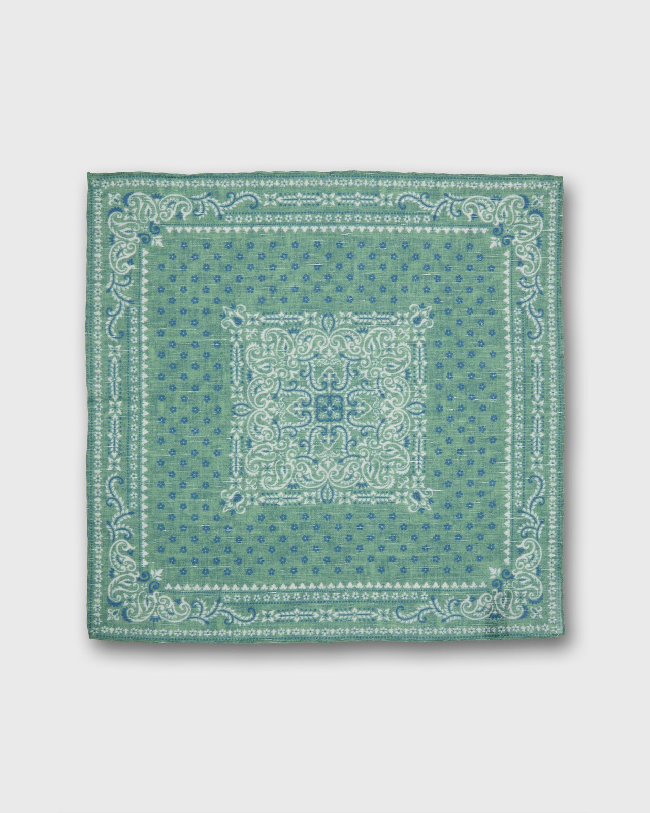 Hand-Rolled Linen/Cotton Print Pocket Square in Mint/Navy Flower Paisley