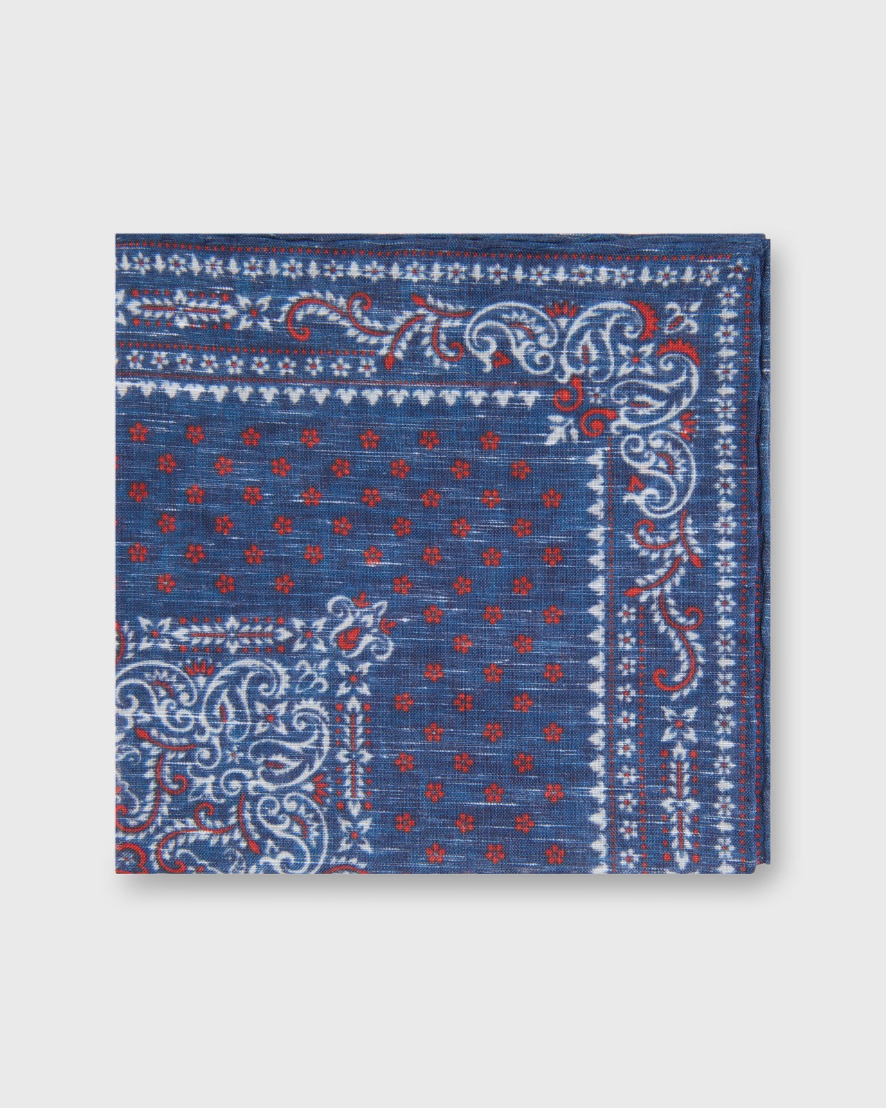Hand-Rolled Linen/Cotton Print Pocket Square in Navy/Red Paisley