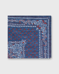 Hand-Rolled Linen/Cotton Print Pocket Square in Navy/Red Paisley