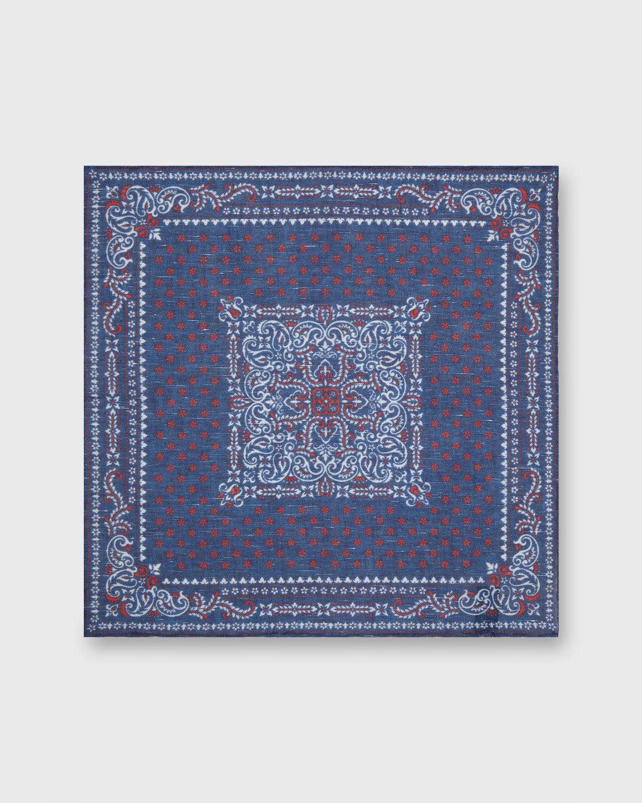 Hand-Rolled Linen/Cotton Print Pocket Square in Navy/Red Paisley