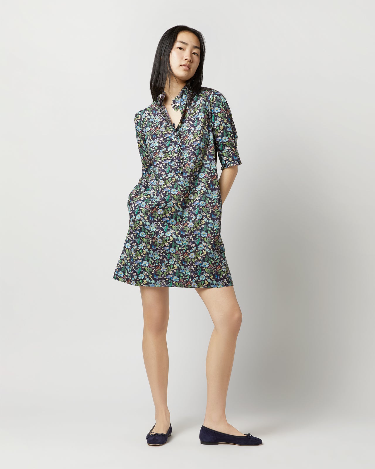 Elbow-Sleeved Frill Dress in Navy/Multi Fairytale Forest Liberty Fabric