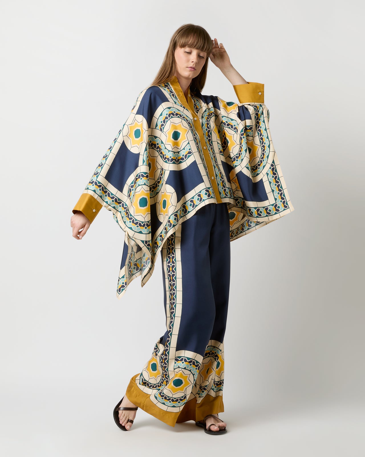 Foulard Shirt in Blue Mudejar Placée Silk Twill