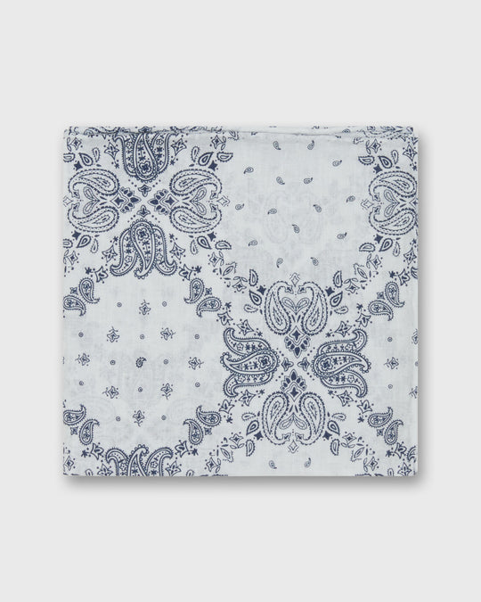 Hand-Rolled Cotton Print Pocket Square in White/Navy Paisley