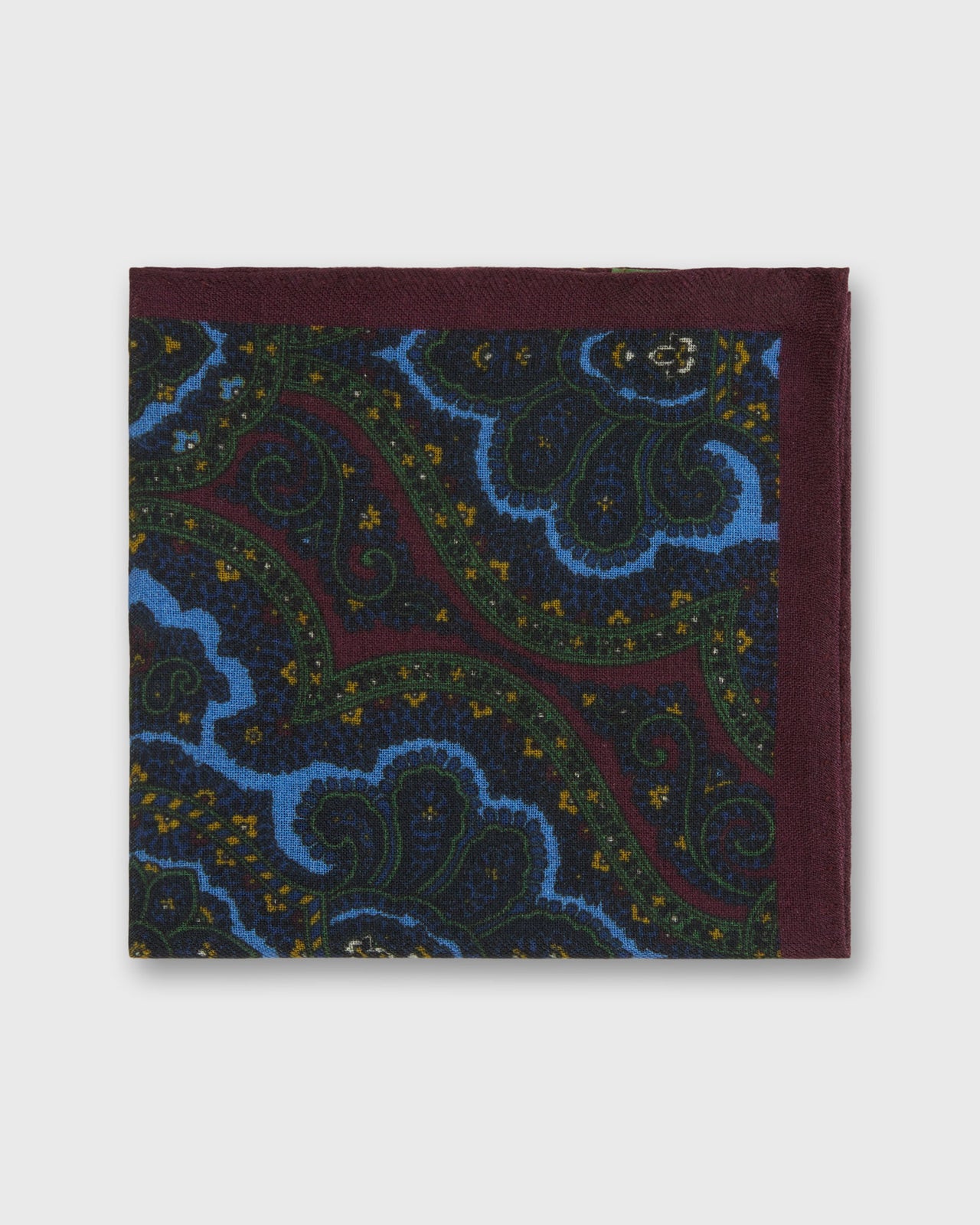 Hand-Rolled Wool Print Pocket Square in Green/Navy/Glacier Paisley