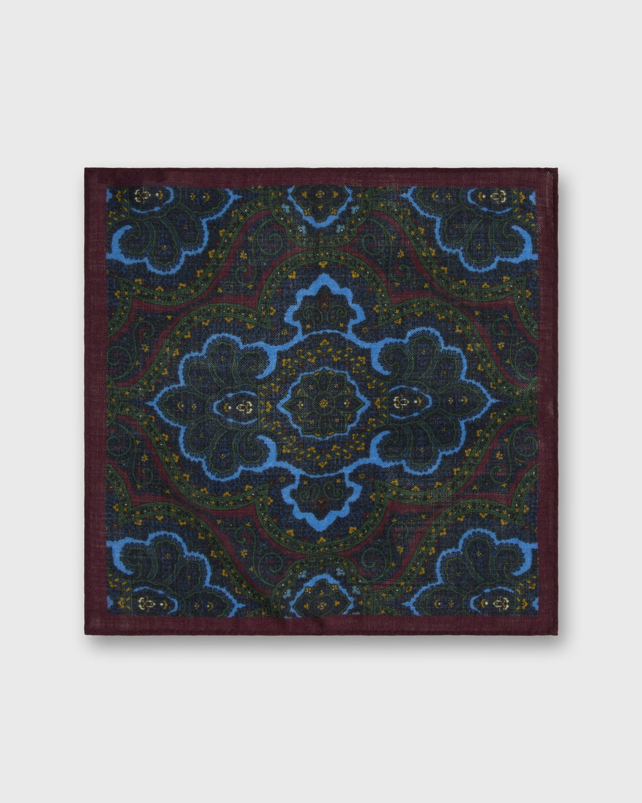 Hand-Rolled Wool Print Pocket Square in Green/Navy/Glacier Paisley