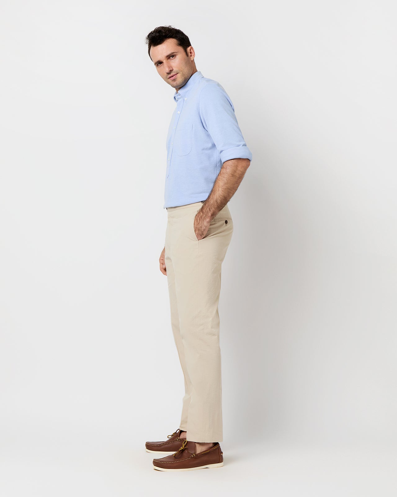 Knit Button-Down Popover Shirt in Sky Oxford Pima Pique