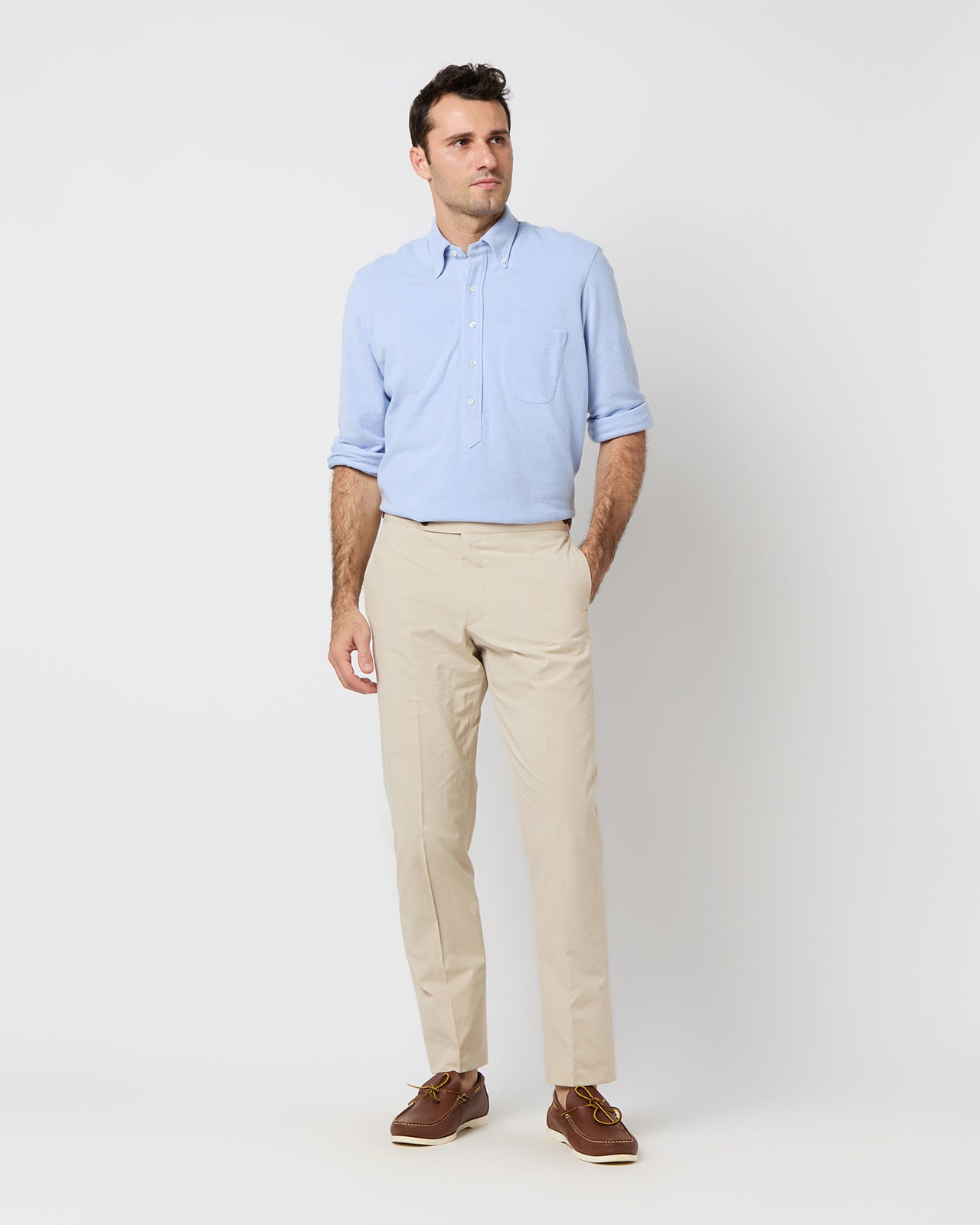 Knit Button-Down Popover Shirt in Sky Oxford Pima Pique