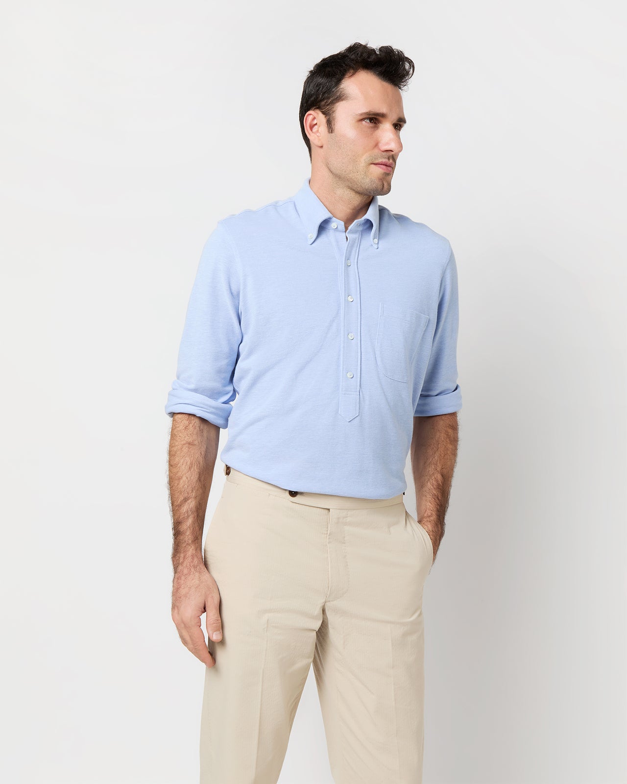 Knit Button-Down Popover Shirt in Sky Oxford Pima Pique
