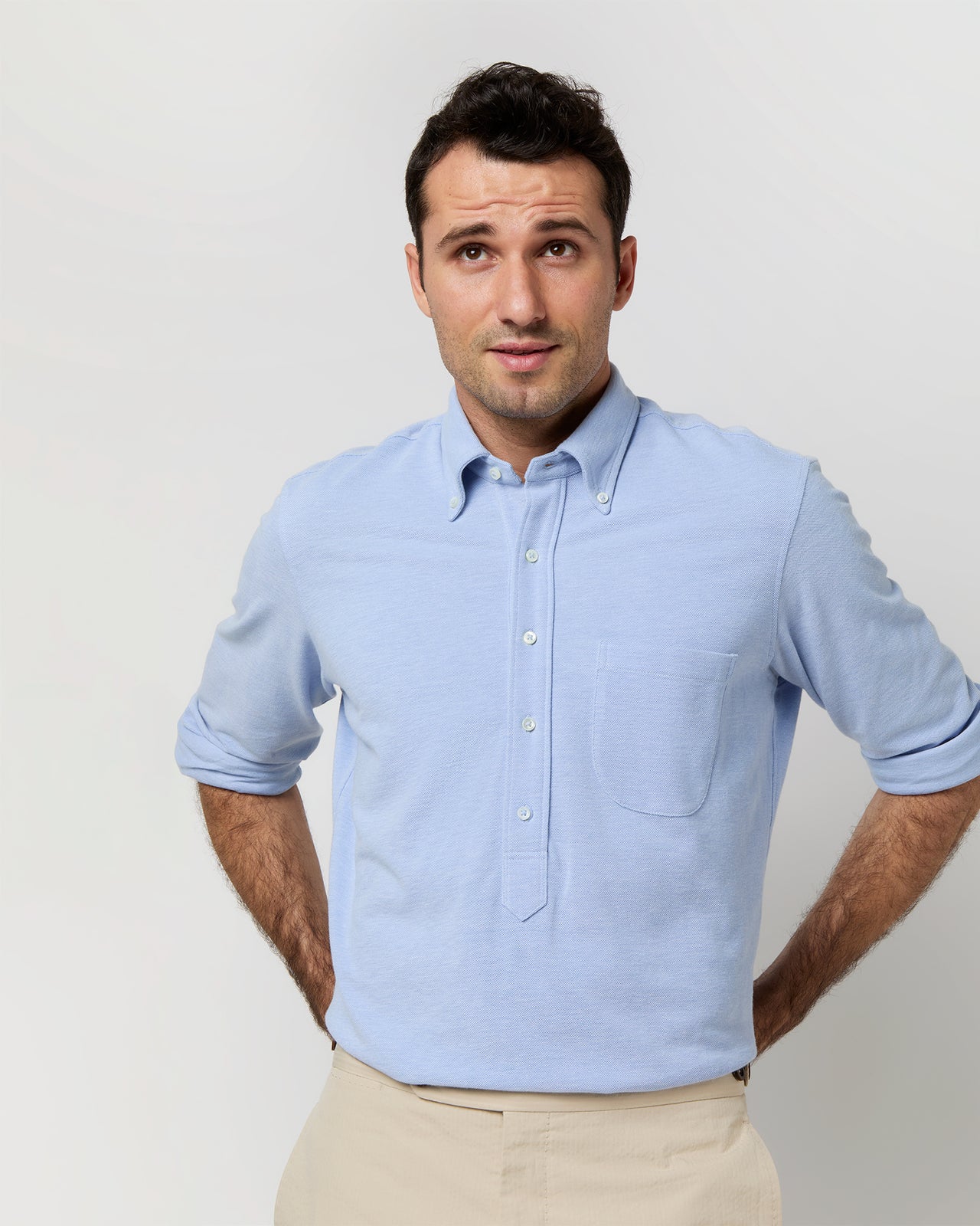 Knit Button-Down Popover Shirt in Sky Oxford Pima Pique