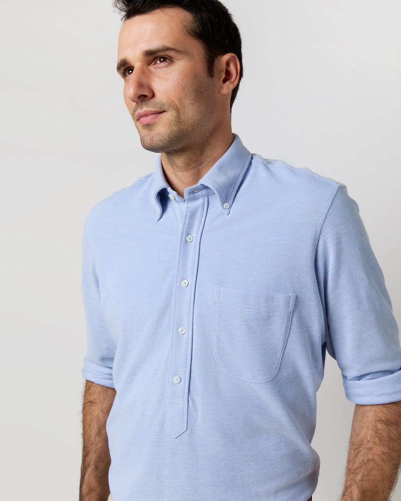 Knit Button-Down Popover Shirt in Sky Oxford Pima Pique