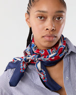 Load image into Gallery viewer, Large Hand-Rolled Silk Scarf in Blue/Red/Ivory Paisley
