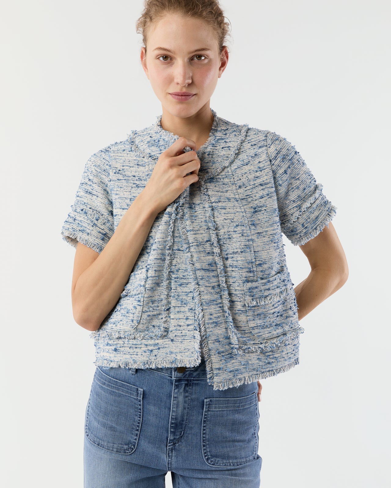 Short-Sleeved Chelsea Jacket in Blue Summer Tweed