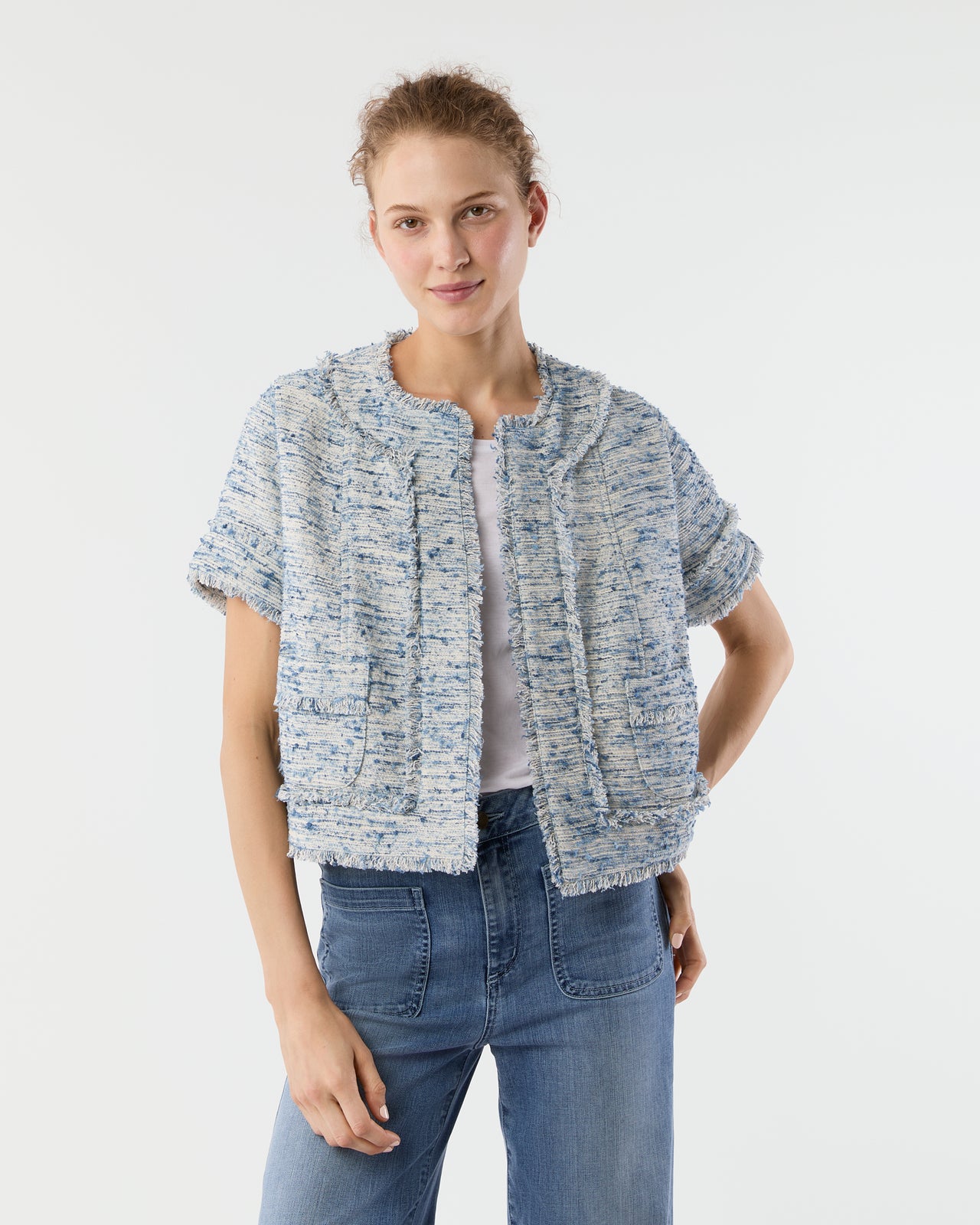 Short-Sleeved Chelsea Jacket in Blue Summer Tweed